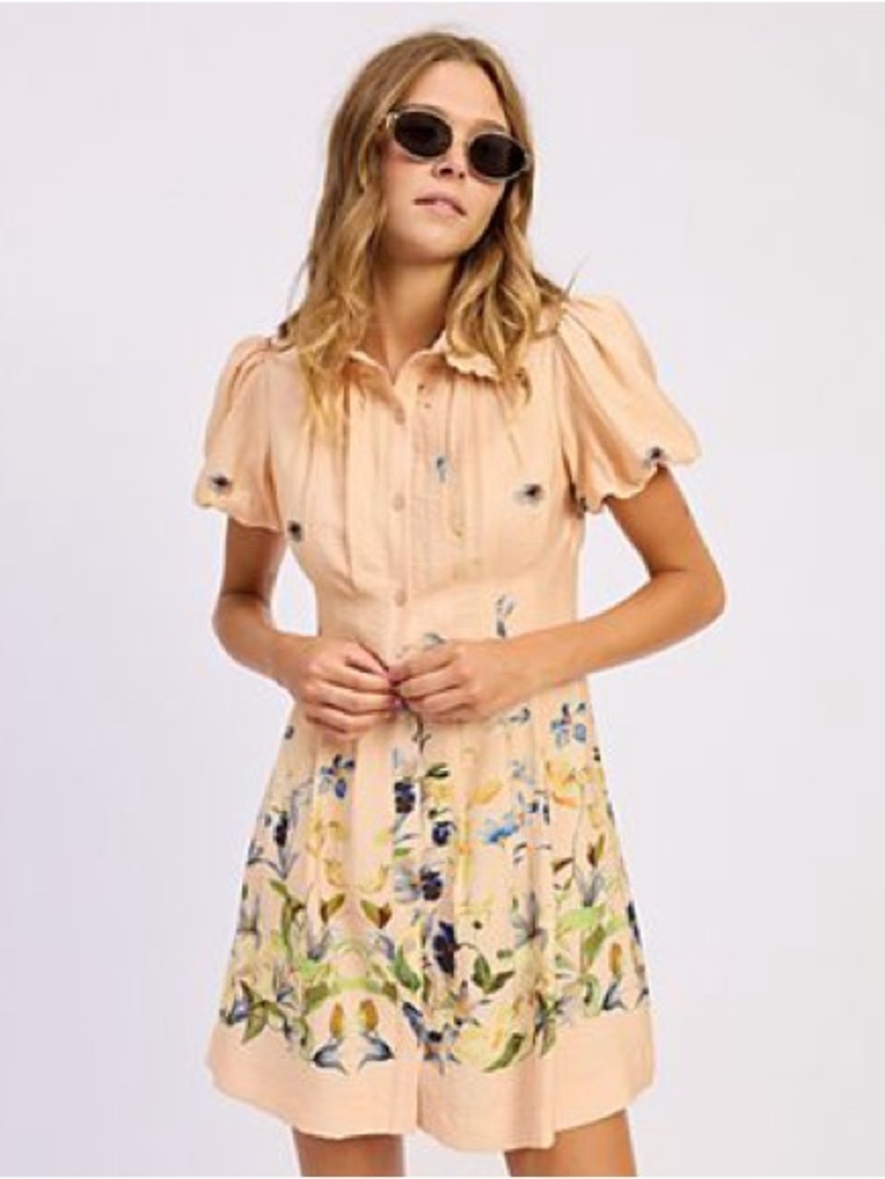 En Saison Peach Floral Mini Dress with Button Front